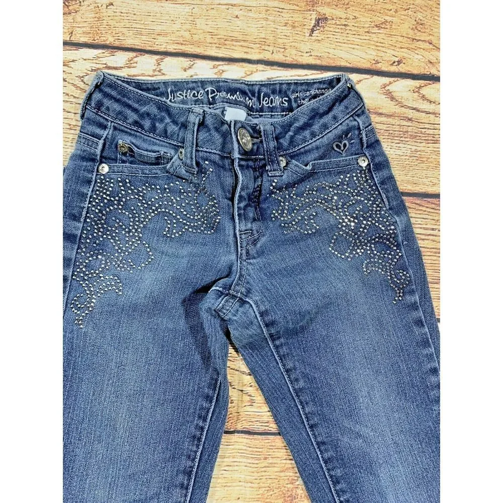 Girls Justice Premium Jeans Size 8S Rhinestone Front Back Pocket Stitching